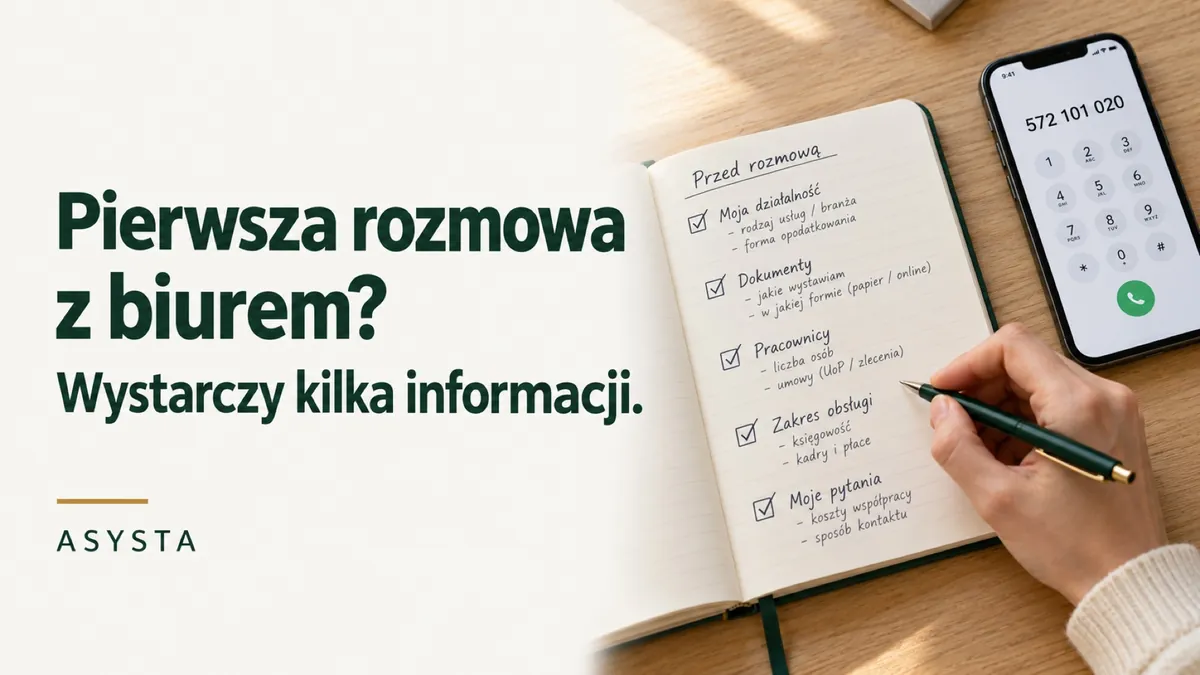 Grafika ASYSTA: „Pierwsza rozmowa z biurem? Wystarczy kilka informacji.” – notatki i telefon do biura